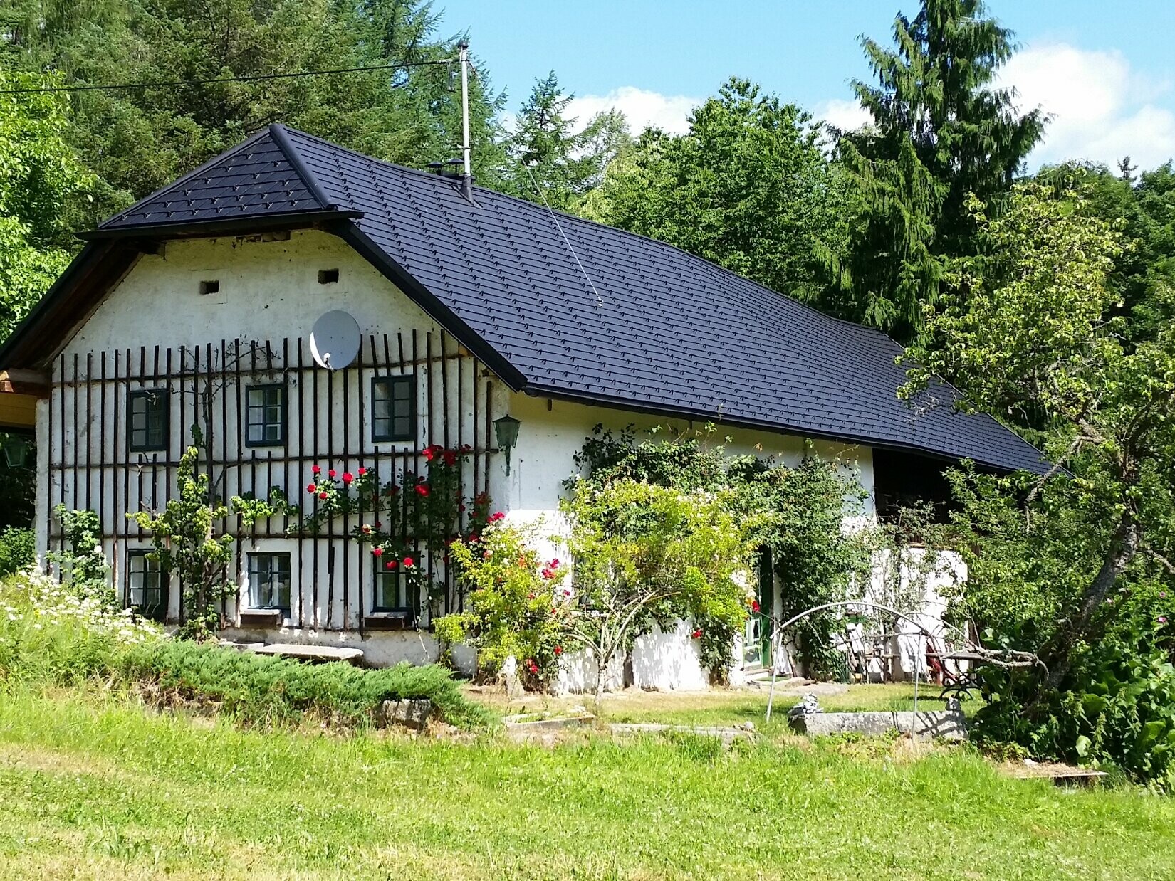 Slika prikazuje staro kmečko hišo po obnovi strehe. Streha tako imenovane travniške hiše je prekrita s skodlami PREFA P.10 črne barve. 