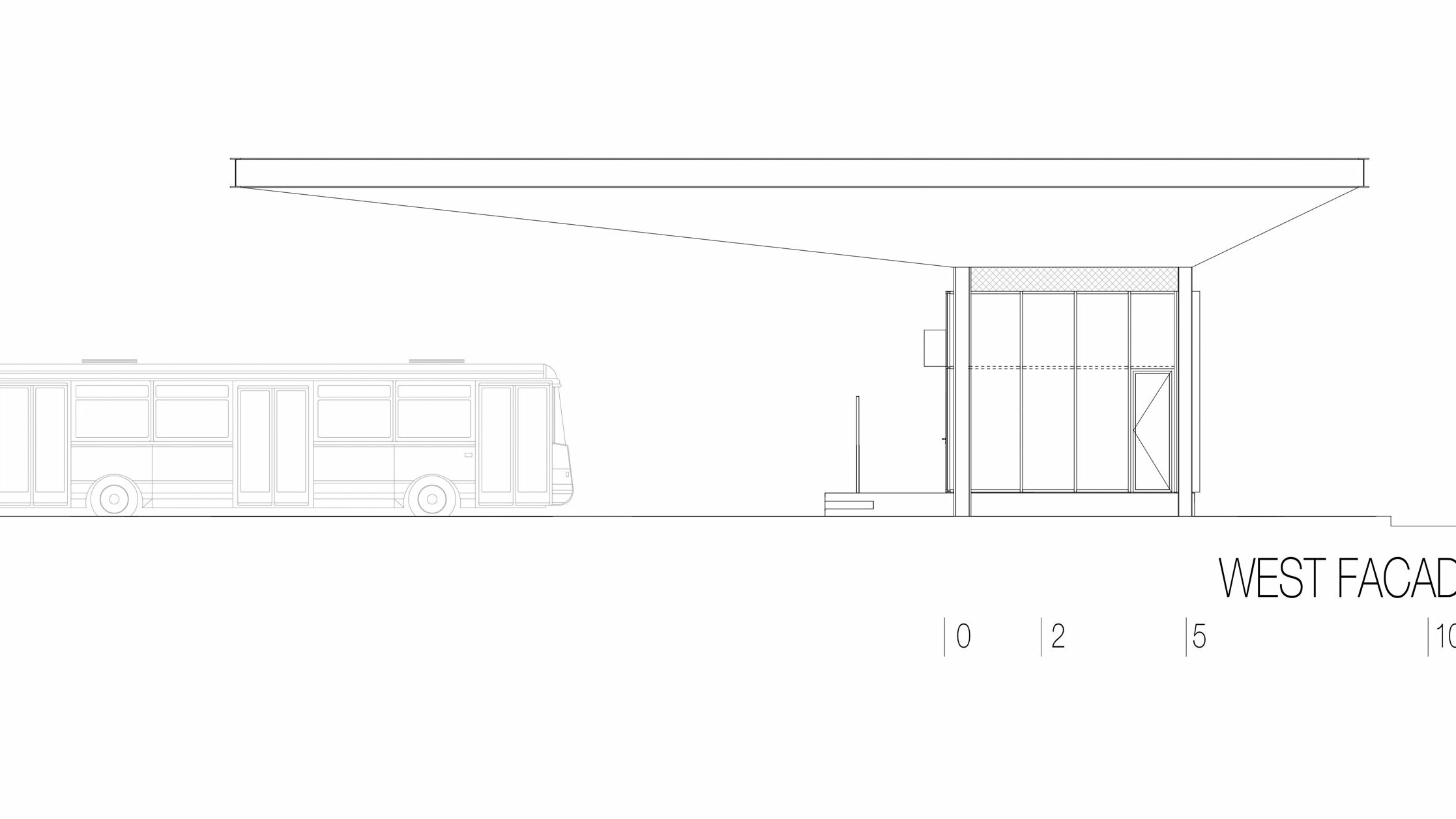 Risba prikazuje zahodni pogled na avtobusno postajo "Autobusni Kolodvor Slavonski Brod" na Hrvaškem. Na sliki je poudarjena dolga, vodoravna bela Prefalz streha, ki štrli nad spodnjo površino. Na desni strani risbe je pravokotna stavba z velikimi steklenimi površinami in jasnimi linijami. Na levi je avtobus, ki poudarja proporce avtobusnega postajališča glede na vozilo. Zahodni pogled poudarja sodobno in funkcionalno arhitekturo avtobusnega postajališča, ki s kombinacijo stekla in aluminija ustvarja svetlo in vabljivo vzdušje.