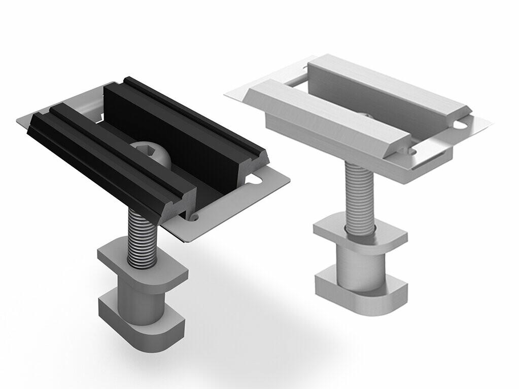 PREFA Mittelklemme in der Farbe schwarz eloxiert und blank zur Befestigung von PV-Anlagen.